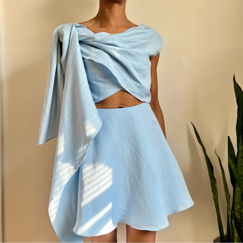 SELMACILEK - Baby Blue Scarf Detailed Low Back Mini Dress